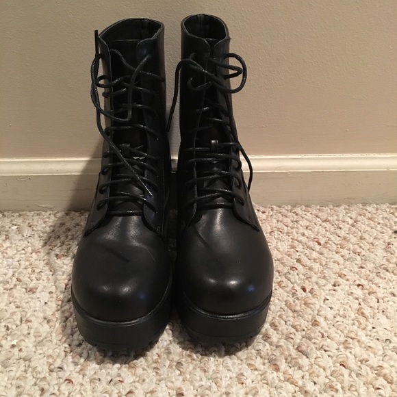 Black Wide Heel Lace-Up Boots - Picture 2 of 5